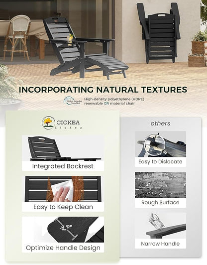 Ciokea Folding Adirondack Chair Set of 2 with Retractable Ottoman Fire Pit Patio Chair with Pull Out Foot Rest Weather Resistant Lawn Outdoor Chair with 2 Cup Holder (Black)