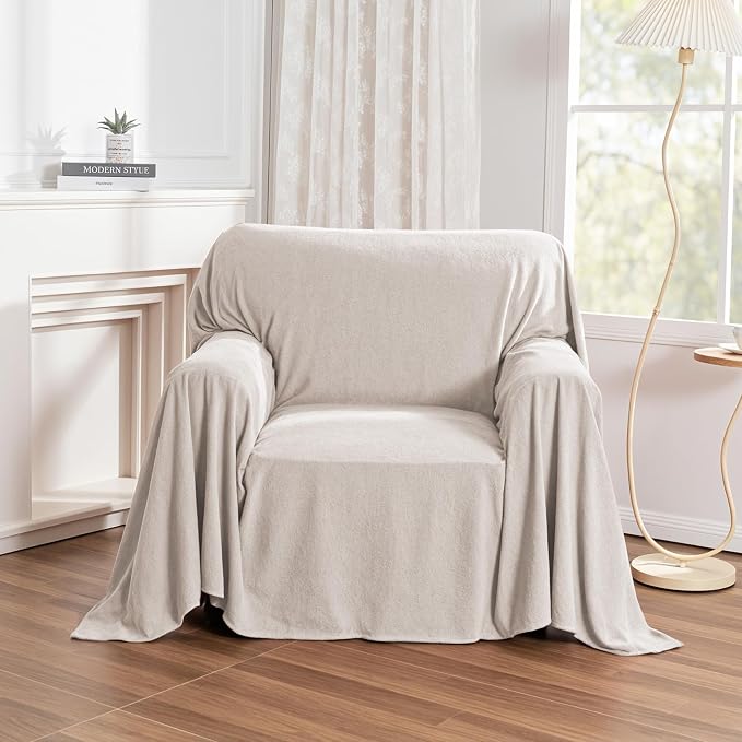 MYSKY HOME Couch Cover Sofa Covers for 1 Cushion Couch Dog Couch Cover Protector for Sectional Sofa Covers Couch Protector Modern Sofa Towel for Living Room, 71" x 91", Oat