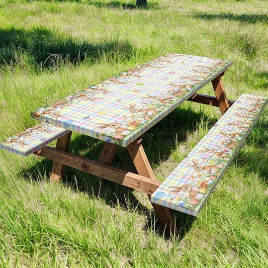 Easter Picnic Table Cover with Bench Covers, Camping Essentials, Easter Buffalo Plaid Bunny Eggs Flowers Outdoor Table Covers, Waterproof, Fitted Tablecloth Cover with Elastic Edge, 3 PCS, 30x60 Inch