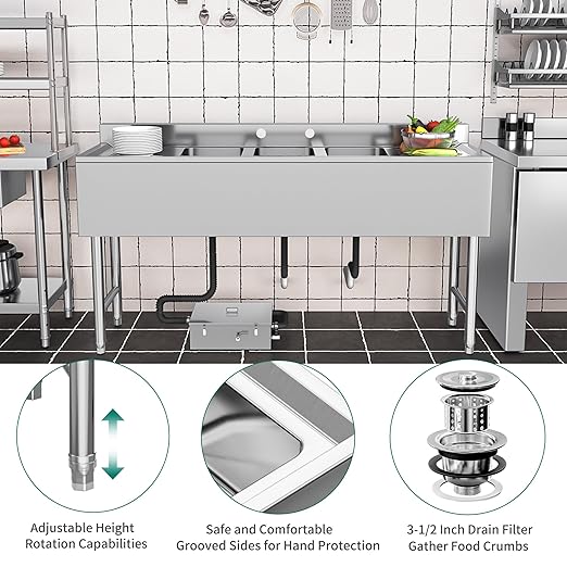YITAHOME 60inch 3 Compartment Commercial Bar Sink with Drainboards, NSF Heavy-Duty Stainless Steel Freestanding Prep Utility Sink for Restaurant Kitchen