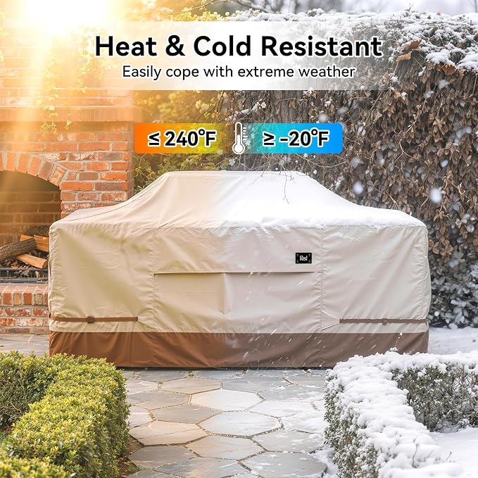 600D Heavy Duty Waterproof Extra Large Grill Cover, Fits for 86 Inch Island with Center Grill Head, Tear & Fade Resistant Outdoor Kitchen Cover with Buckle, Drawstring, Air Vent, Beige & Brown