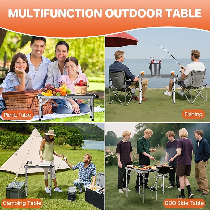 FUNYKICH 2ft Folding Camping Table 22.8''x15.7''x26.4'',3 Height Adjustable | Lightweight & Portable, Aluminum Small Outdoor Table with Carry Handle for Camping, Beach, Picnic, Silver