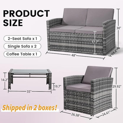 KROFEM 4-Piece Patio Furniture Set, Wicker Outdoor Rattan Sectional Sofa with Cushions and Glass Table, All-Weather Outdoor Conversation Set for Garden, Porch, Backyard, Patio, Light Grey