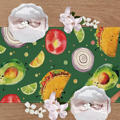 Green Mexican Food Dining Table Runner, Vegetable Fruit Taco Avocado Lime Onion Tomato Burlap Kitchen Decoration Foodie Gift, Indoor Outdoor Home Decor Party Supply 13 x 72 Inches
