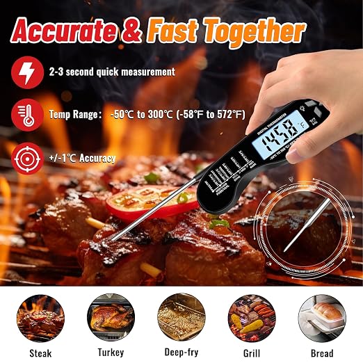 Meat Thermometer Digital, IP67 Waterproof Food Thermometer for Cooking | Backlight, Hold Function, Magnet, IP67 Waterproof, LED screen, for Kitchen, Grill, BBQ, Beef, Candy, Turkey
