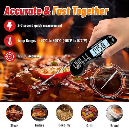 Meat Thermometer Digital, IP67 Waterproof Food Thermometer for Cooking | Backlight, Hold Function, Magnet, IP67 Waterproof, LED screen, for Kitchen, Grill, BBQ, Beef, Candy, Turkey