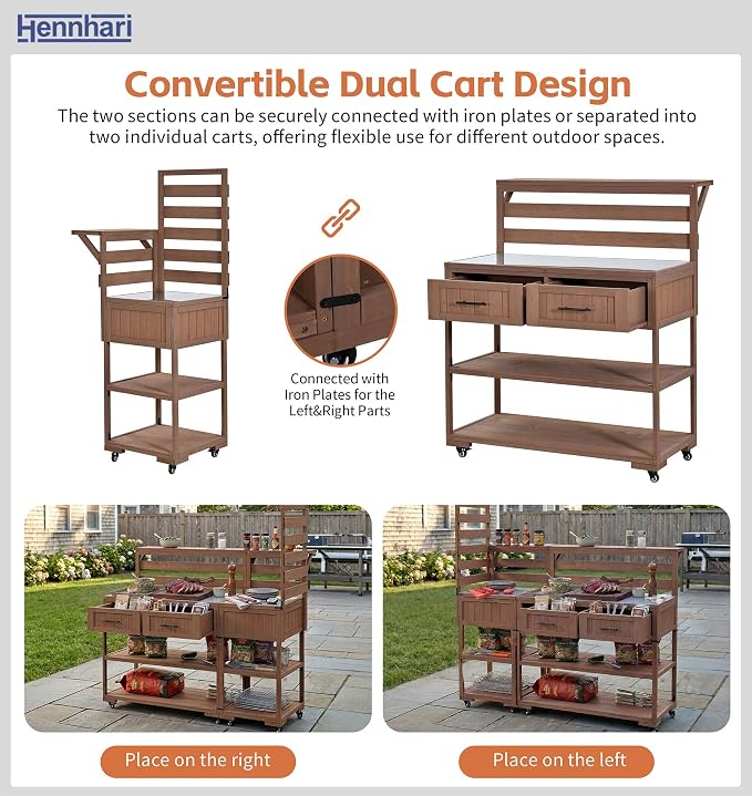 62.3'' Outdoor Kitchen Island with Stainless Steel Top and Raised Shelf, Potting Bench with Drawers and Wheels, Grill Prep Table for BBQ, Patio, Party (Brown)