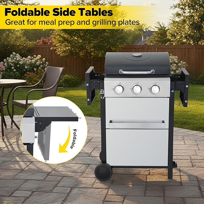 3 Burner Propane Gas Grill, 30,000 BTU Stainless Steel Outdoor BBQ Grill with 322 Sq. In. Cooking Area & 2 Foldable Side Shelves, Patio Cookout Essentials for Backyard