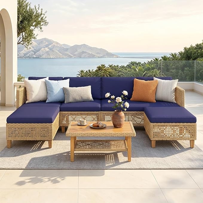 MFSTUDIO Wicker Patio Furniture Set, Rattan Outdoor Couch Sectional Sofa, 5 Pieces Patio Conversation Set with Acacia Wood Coffee Table, Outdoor Rattan Furniture Set for Garden or Balcony, Navy Blue