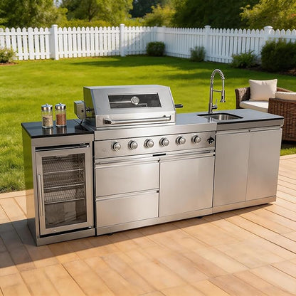 104-Inch 4 Burner 72000 BTU Stainless Steel Outdoor Kitchen Bar, 3 Units Modular Propane Gas BBQ Island Grill (Free Combination) with Wine Cooler, Refrigerator, Granite Countertops & Storage, Silver