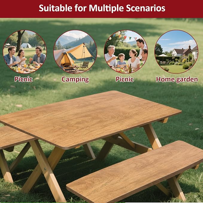 8ft 96in Picnic Table and Bench Cover, 3 Pack, Wood Grain | Drawstring Bag, Waterproof Windproof, Elastic Fitted Edges Tablecloth, for Rectangle Table & Seat, Camping Essentials RV Gear