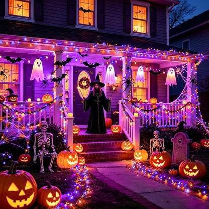 KNONEW LED String Lights Orange and Purple 99FT 300 LED Halloween Lights with 8 Modes Memory for Home Tree Yard Room Indoor & Outdoor Decorations