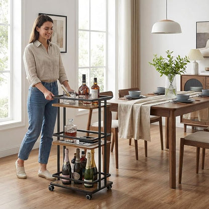 3-Tier Bar Cart with Wheels & Storage Shelves for Home Kitchen | Beverage Serving Cart, Doubles as Coffee Bar Cabinet, Sturdy 3-Tier Frame, Smooth Rolling Wheels, Ideal for Home