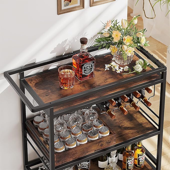Leteuke Bar Cart for Home, 3 Tier Rolling Serving Carts with Wheels | Drink Cart, Liquor Stand with Removable Tray, Wine Rack and Glass Holder for Kitchen, Outdoor, Dining Room-Black Brown
