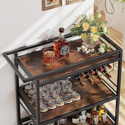 Leteuke Bar Cart for Home, 3 Tier Rolling Serving Carts with Wheels | Drink Cart, Liquor Stand with Removable Tray, Wine Rack and Glass Holder for Kitchen, Outdoor, Dining Room-Black Brown