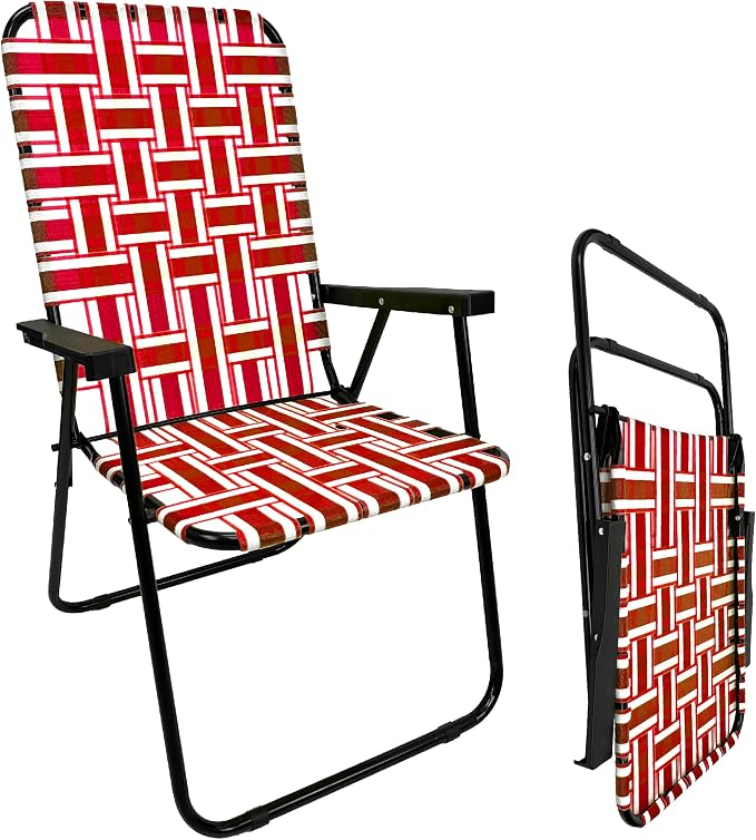 Lawn Chair Folding Steel Webbing Chaise Patio Lounger Seat Wood Handles Great for Camping, Beach, Fishing, Backyard, Stadium, Pool, Boating, and Sports 2 Pack Red