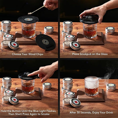 Electric Whiskey Smoker Kit with 6 Flavors Wood Chips, Cocktail Smoker Kit Built-in Lighter, Rechargeable Smoked Old Fashioned kit Bourbon Smoker kit Bar Accessories Valentine's Day Gifts for Men