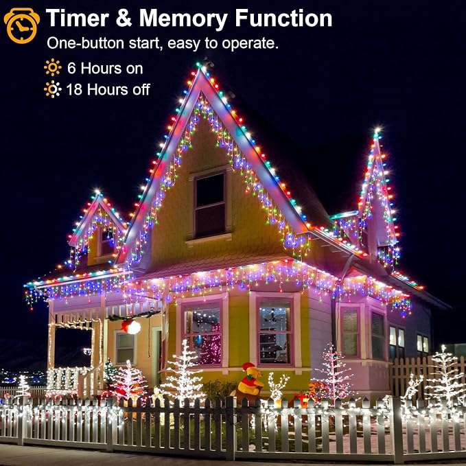 99FT Icicle Lights for Outside 1216 LED Multicolor Christmas Lights Outdoor | Plug in Icicle Christmas Lights 8 Modes Waterproof with 120 Drops for Indoor House Party Wedding Decoration