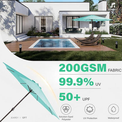 JEAREY 12' Patio Umbrellas Outdoor Table Market Umbrella w/Crank, 8 Sturdy Ribs, UV Protection Windproof for Garden, Deck, Backyard, Pool(Teal Blue)