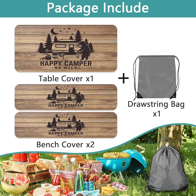 Picnic Table Cover with Bench Covers, Waterproof Windproof Fitted Outdoor Tablecloth with Elastic Rectangle Table Camping Must Haves Rv Accessories, 60in, Brown Wooden