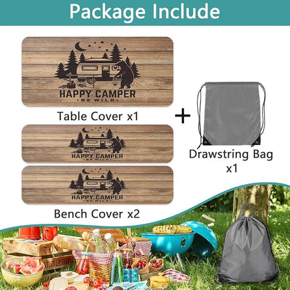 Picnic Table Cover with Bench Covers, Waterproof Windproof Fitted Outdoor Tablecloth with Elastic Rectangle Table Camping Must Haves Rv Accessories, 96in, Brown Wooden