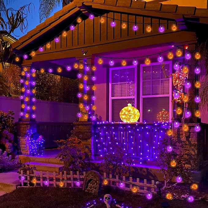 Joomer Orange Purple Halloween Solar String Light,65FT 100LED Globe Lights | with 8 Lighting Modes, Waterproof Auto On/Off Solar Powered Lights for Garden Yard Outdoor Halloween Decor