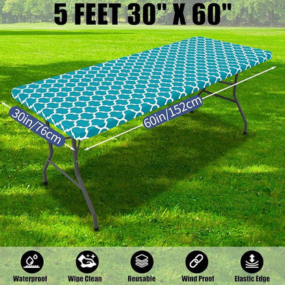 Smiry 2 Pack Rectangle Table Cloth 5 Foot, Waterproof Elastic Fitted Tablecloths, Windproof Washable Polyester Table Cover for Picnic, Camping, Outdoor (Teal, 30"x60")