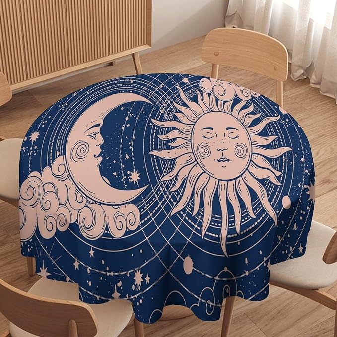 Moon Sun Round Tablecloth Vintage Boho Celestial Star Magical Galaxy Space Table Cloth Water Resistant Wipeable Table Cover for Farmhouse Picnic Party Holiday Kitchen Dinner Table 70"