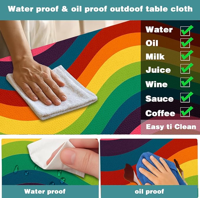 Rainbow Picnic Table Cover with Bench Covers, Elastic Edges Waterproof Windproof Colorful Stripes Camper Outdoor Tablecloth, Camping Essentials, Fitted 6FT Rectangle Tables and Seats, 3 Pcs 30x96 Inch