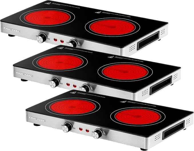 OVENTE Infrared Ceramic Double Burner, 1800W Hot Plate, Black BGI302GB (Pack of 3)