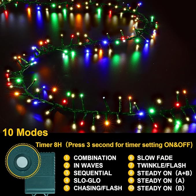 Color Changing String Lights, 500 LED Warm White & Multicolor Christmas Lights Plug in, 10 Modes Timer LED Fairy Lights, Waterproof Christmas Lights Outdoor for Xmas Tree Party Bedroom Decor