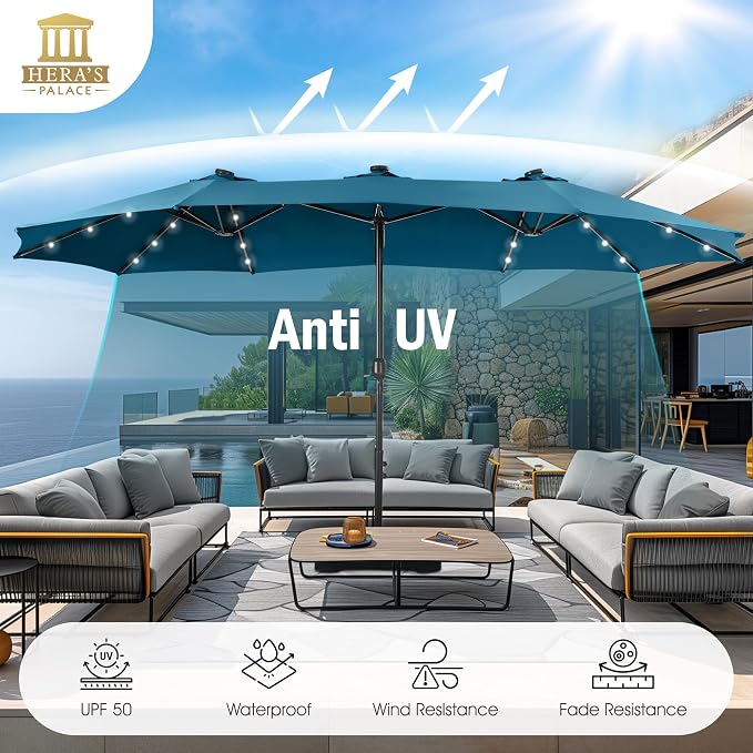 15ft Patio Umbrella with Solar lights & Base, Large Umbrellas, Cerulean | HERA'S PALACE Rectangle Double Market Umbrella with 36 LED Lights, Big Outdoor Umbrellas for Pool Picnic Inground Yard Deck