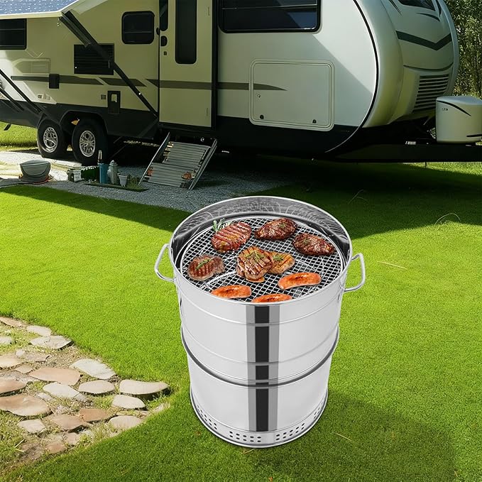 Large Portable Charcoal Grills, 50* Skewers Portable Charcoal BBQ Charcoal Barrel Smoker, Smokeless Outdoor Barbecue Grill, Stainless Charcoal BBQ Grill Barrel, Hanging BBQ Grill Barrel for Camping