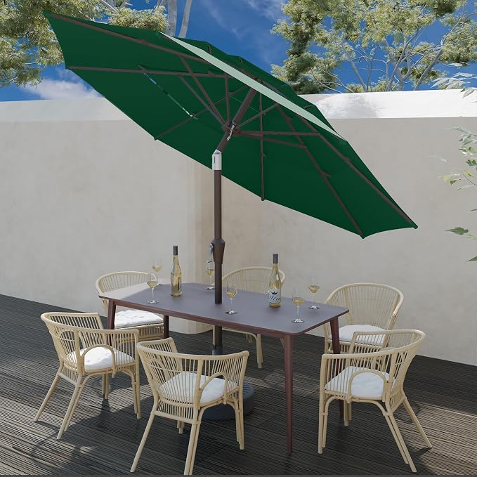 9FT 3 Tiers Patio Umbrella With Auto Tilt And Crank, Outdoor Table Market Umbrella with 8 Sturdy Ribs for Garden, Lawn, Deck, Backyard and Pool