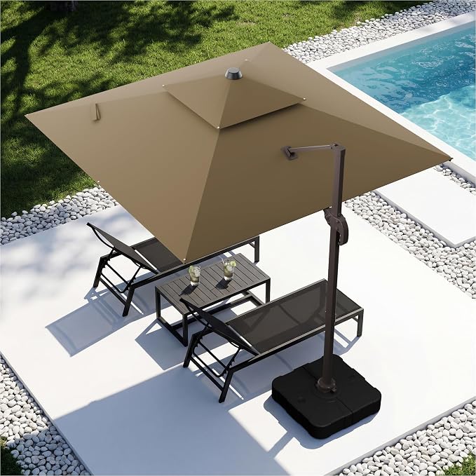 10x10FT Cantilever Outdoor Patio Umbrellas，Double Top Large Square Umbrella Heavy Duty 360°Rotation Offset Outdoor Sun Shade Umbrella for Garden Deck Pool Backyard Patio, Brown