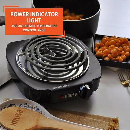 IMUSA USA GAU-80305 Electric Single Burner 1100-Watts, Black | Matte Finish, Adjustable Temperature Control, Power Indicator Light, Portable for Dorms, Offices, And Travel