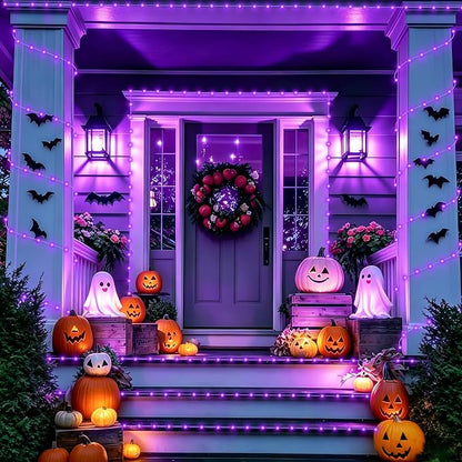 YEGUO Solar Halloween Lights Outdoor Waterproof, 66ft 200 LED Purple Solar Rope Lights, 8 Modes Fairy Lights in Clear Thin Tube