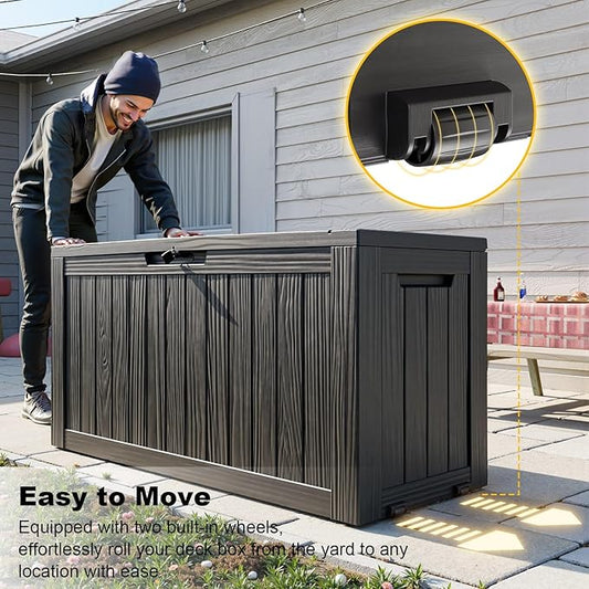 ROJIK 90 Gallon Waterproof Outdoor Deck Storage Box, Lockable Resin Patio Storage Bin with Lid for Garden Tools, Patio Cushions & Outdoor Accessories(Black)
