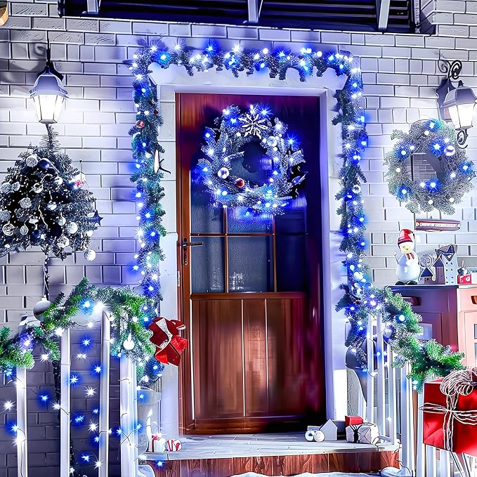 JMEXSUSS 66ft 200 LED Blue and White Christmas Lights, String Light Plug in | Connectable, Waterproof, 8 Moedes Green Wire Christmas Lights for Tree Party Home Indoor Outdoor Decorations