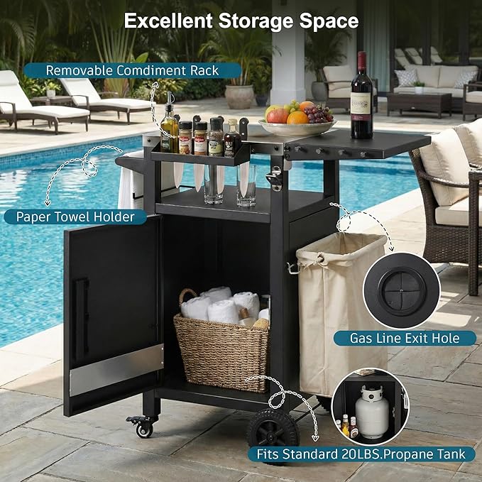 Outdoor Kitchen Island and Grill Cart with Stainless Steel Top, 33.9" Mobile BBQ Prep Table with Drop Leaf, Storage Cabinet, Spice & Paper Towel Rack, Rolling Pizza Oven Stand for Patio