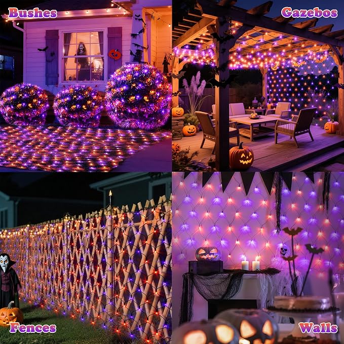 LitHome 21FT x 5FT Halloween Net Lights Outdoor Connectable, 360 LED | Purple Orange Bush Lights with 8 Modes, Waterproof Net Mesh Light Dark Green Wire for Bushes Shrubs Trees Holiday Decor