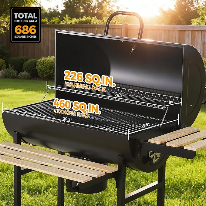 MASTER COOK Barrel Charcoal Grill with Foldable Front Wood Shelf, 686 Sq.in. Cooking Area Outdoor bbq Grill, Thermometer and Adjustable Air Vents for Backyard, Patio, Parties, Tailgating