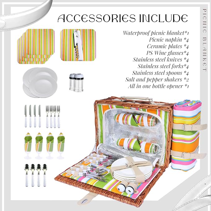 Wicker Picnic Basket Set for 4, Blanket, Cooler Bag, Rainbow Stripe | Four-Person Wicker Set Includes Tableware, Insulated Food Storage and Waterproof Blanket for Parks, Camping, Dates and Gifts