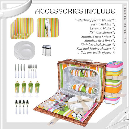 Wicker Picnic Basket Set for 4, Blanket, Cooler Bag, Rainbow Stripe | Four-Person Wicker Set Includes Tableware, Insulated Food Storage and Waterproof Blanket for Parks, Camping, Dates and Gifts