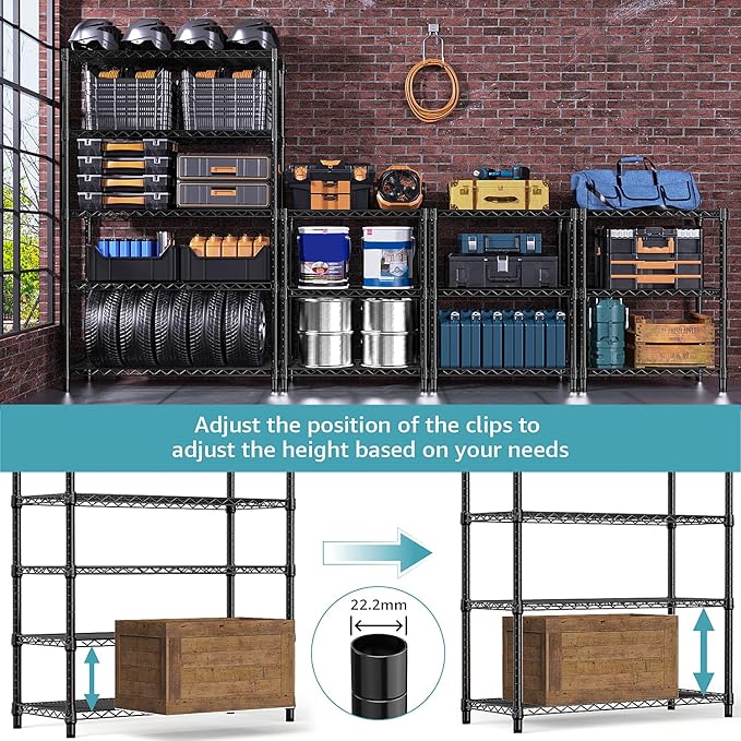 M MZG 5-Shelf Storage Shelves,Wire Shelving Heavy Duty Metal Storage Shelving Unit Adjustable Garage Shelving Rack Pantry Kitchen (Black, 5 Tier,17.7" D x 47.2" W x 76.7" H) (Pack of 2)