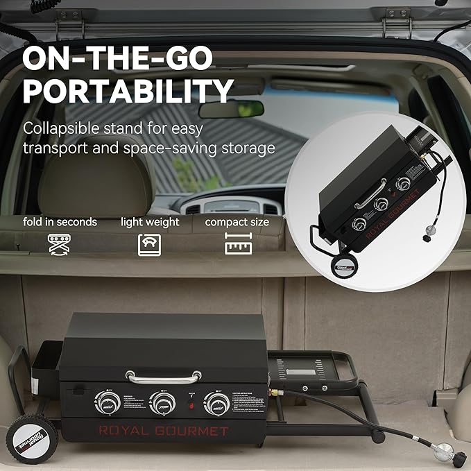 Royal Gourmet PD3001 3-Burner Propane Gas Griddle with Collapsible Stand, 23-Inch Portable Griddle with Side Table & 314 Sq. In. Cooking Area for Camping, Tailgating, Backyard & Patio, Black