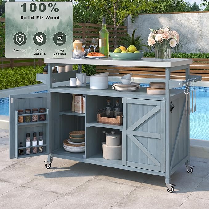 Outdoor Kitchen Island with Stainless Steel Top, Rolling Grill Cart with Storage Cabinet, Farmhouse Solid Wood Prep Station with Spice & Towel Rack for Patio BBQ.Suitable for backyards, etc.