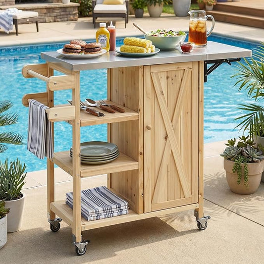 JIVOIT Outdoor Kitchen Island with Foldable Stainless Steel Tabletop, Patio Fir Wood Kitchen Cart Portable Prep Station with Lockable Wheels, Storage Cabinet and Towel Rack (Natural/123)