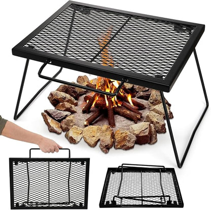 Elsjoy 17" Folding Campfire Grill Grate with Carrying Handle, Portable Camping Grill Over Fire Mesh Grate, Heavy Duty Steel Grate for Outdoor Cooking, Picnic, BBQ