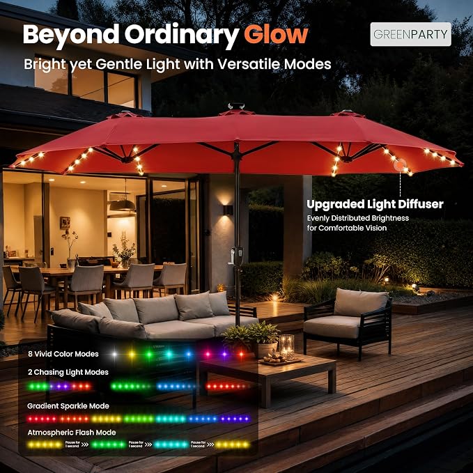 GREEN PARTY 13ft Patio Umbrella with Led Lights, Rectangle Outdoor Umbrella | 12-Mode Solar Lights, Double-Sided Rectangular table Umbrella, Large Shade for Backyard Deck Poolside, Burgundy(No Base)